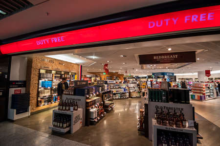 Frankfurt, Germany - April 2019: View of the Terminal 1 at Frankfurt INTL Airport (FRA), Duty free stores.のeditorial素材