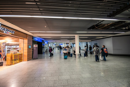 Frankfurt, Germany - April 2019: View of the Terminal 1 at Frankfurt INTL Airport (FRA), Duty free stores.のeditorial素材