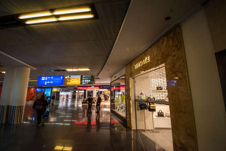 Frankfurt, Germany - April 2019: View of the Terminal 1 at Frankfurt INTL Airport (FRA), Duty free stores.のeditorial素材