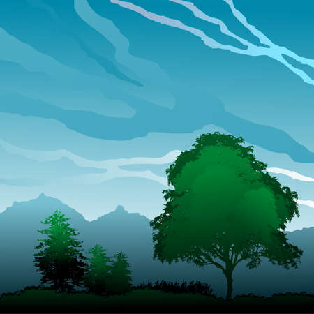 Landscape with trees in blue sky with cloudsのイラスト素材