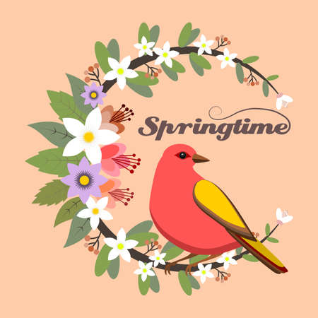 Springtime floral frame with a red birdのイラスト素材