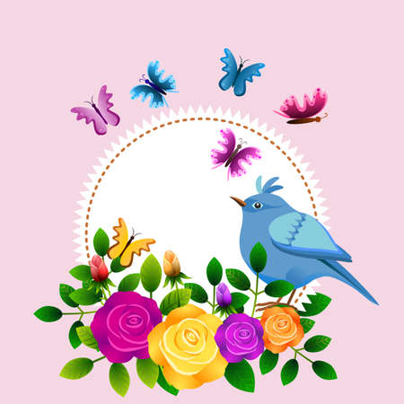 Floral frame with roses, birds, butterflies and label to personalize a messageのイラスト素材