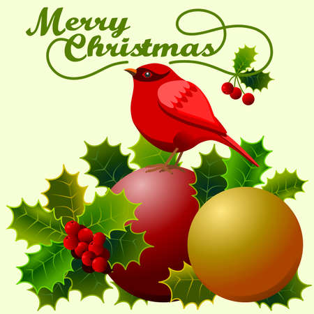 Christmas frame with red bird and holly branch with messageのイラスト素材