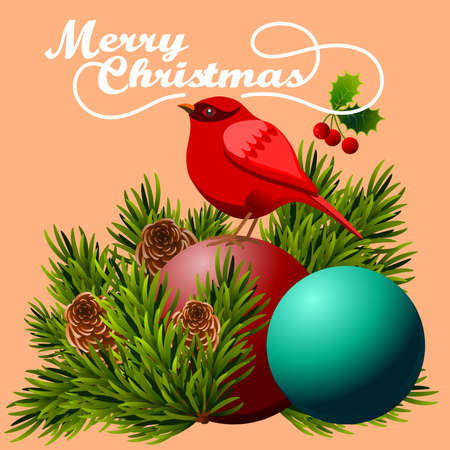 Christmas frame with red bird and pine branch with messageのイラスト素材