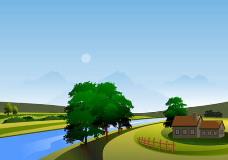 Landscape with mountains, valley, river, trees and housesのイラスト素材
