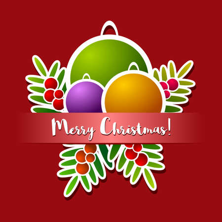 Merry Christmas frame with stylized decorative elements relating to the date, on red backgroundのイラスト素材