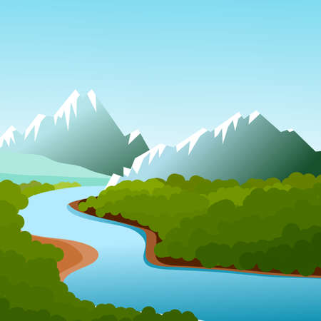 Landscape with blue sky, mountains, river and forestのイラスト素材