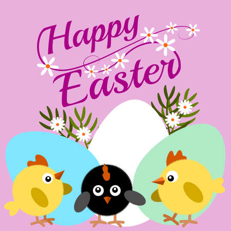 Happy Easter frame with flowers, eggs and chicks, vector illustration.のイラスト素材