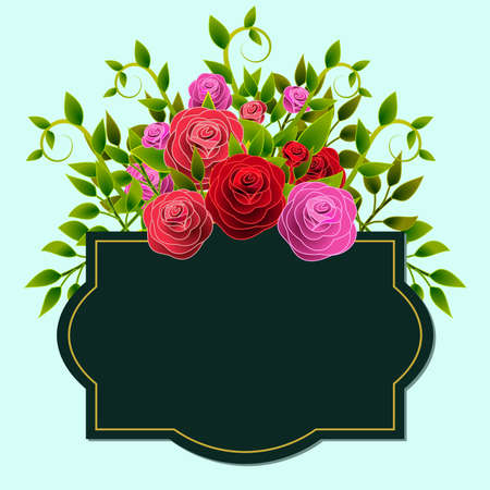 Floral frame with bouquet of stylized roses and with an empty label suitable for the integration of a personalized message.のイラスト素材
