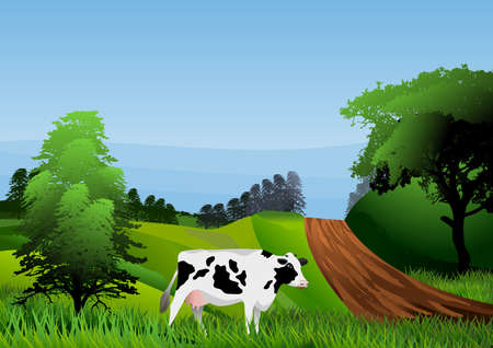 Rural landscape with cow vector illustrationのイラスト素材