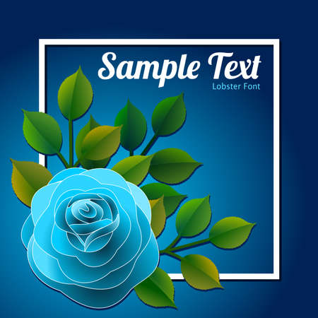 Floral frame with a blue rose and green leaves with a message that can be personalized Vector illustration.のイラスト素材