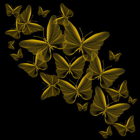 Frame with golden stylized butterflies over black background. Vector illustration.のイラスト素材