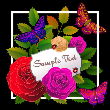 Floral frame with roses, butterflies and a label to personalize message. Vector illustration.のイラスト素材