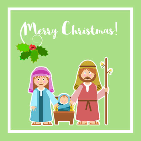 Christmas frame with holy family and floral ornament. Vector illustration.のイラスト素材