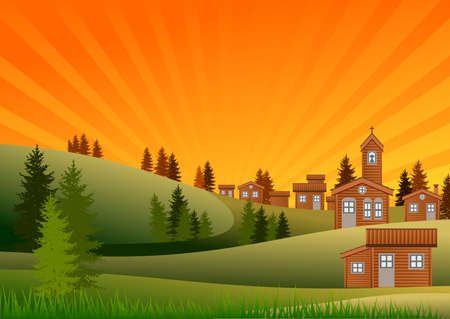 Landscape with village around a church. Vector illustration.のイラスト素材