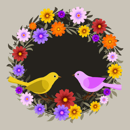 Frame with floral design, with flowers and birds. Vector illustration. Ideal for inserting a message.のイラスト素材