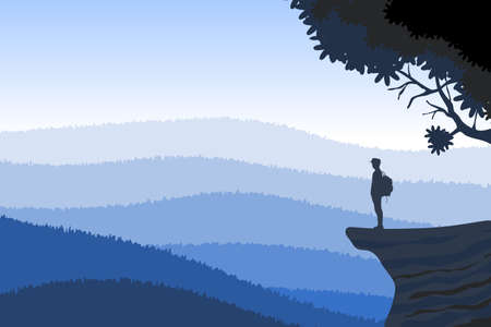 Background with natural landscape with mountains and an explorer in contemplation. Vector illustration.のイラスト素材