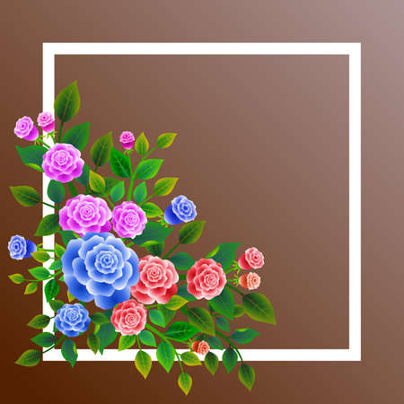 Frame with floral design composed of bouquet of fresh roses. Ideal for integrating a message or personal dedication. Vector illustration.のイラスト素材