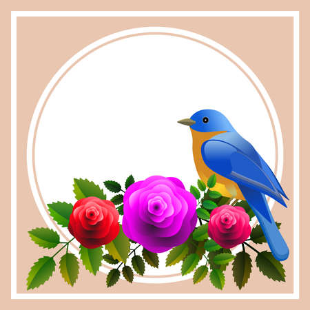 Floral frame with colorful bird over bouquet of stylized roses. Ideal for integrating a personalized message.Vector Illustration.Ideal for integrating a personalized message or dedication.のイラスト素材