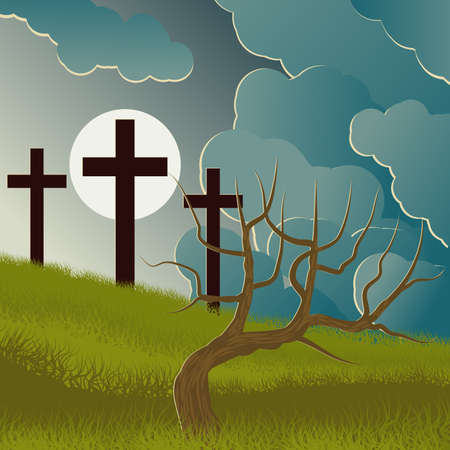 Costumed landscape of Calvary, with the symbolism of the crucifixion of Jesus. Illustration.のイラスト素材