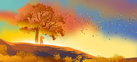 Background or wallpaper with natural landscape with a silhouette of a couple in love with a leafy...