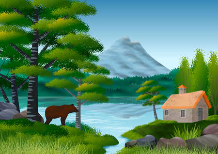 Nature landscape with mountains, lake, trees and an house in the foreground. Still a bear in silhouette. Illustration. Digital art.の写真素材