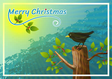 Christmas postcard with bird over tree with leaves and berries. Christmas dedication and space to insert custom message. Nature, illustration.の写真素材