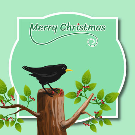 Christmas postcard with bird over tree with leaves and berries. Christmas dedication and space to insert custom message. Nature, illustration.の写真素材