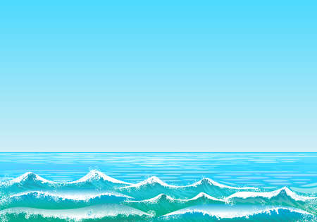 Background with sea landscape with clear blue sky and sea with waves in the foreground. Digital art.の写真素材