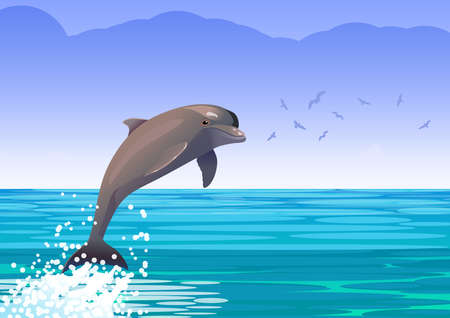 Background with maritime scene with waves and jumping dolphin. Blue sky with flock of seagulls. Illustration in digital art.の写真素材