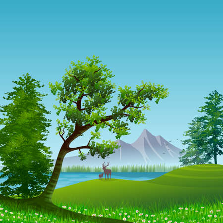 Background or wallpaper with natural landscape. Forest, trees, lake or river and a deer in silhouette. Illustration. Digital art.の写真素材