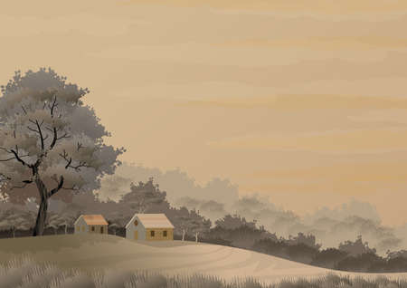 Background with illustration of natural landscape, with sky with clouds and in the foreground trees and country house. Digital art illustration.の写真素材