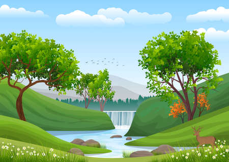 Natural landscape with blue sky, mountain, green hills, trees, pine forest in silhouette, river with waterfall and a deer. Illustration Ideal for background or wallpaper.の写真素材