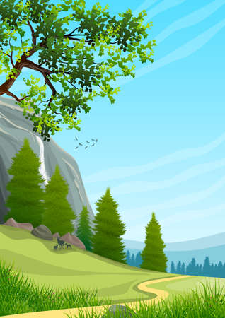 Background with illustration of natural landscape. Blue sky with clouds, mountain, forest, trees, conifers and deer in silhouette. Digital art.の写真素材