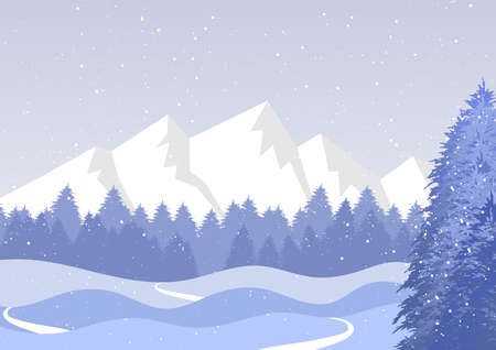 Illustration with typical christmas landscape background. In the background snowy mountains, pine groves and in the foreground snowy hills and an isolated pine tree. White Christmas. Digital art.の写真素材
