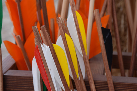 Traditional colorful Wooden Arrows vertically gathered together in a bowl. Colorful traditional arrows and arrowheads for archeryの写真素材