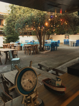Ãanakkale, GÃ¶kÃ§eada Turkey 06 Jun 2018. Leyla Restaurant, Aegean Mediterranean restaurant in GÃ¶kÃ§eada, Imbros islandのeditorial素材
