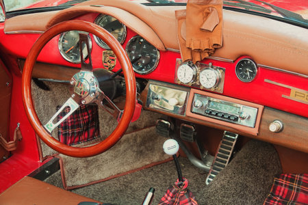 Car stereo of Vintage Porsche in retro colors. Car stereo of Vintage Porsche. close up of vintage porsche interior car stereo. GÃ¶kÃ§eada, Ãanakkale TÃ¼rkiye-June 16, 2021のeditorial素材