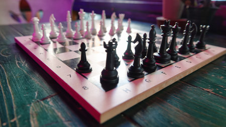 chess board game on wooden table, business concept of success and strategyの写真素材