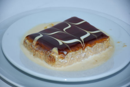 caramel trilece dessert served on plate. Panna cotta with caramel sauce in white plate, close upの写真素材