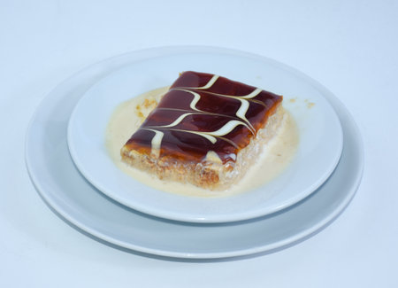 caramel trilece dessert served on plate. Panna cotta with caramel sauce in white plate, close upの写真素材