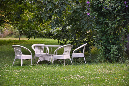 Empty and white garden table and chairs in a garden in greenery. Garden furniture set. Garden...