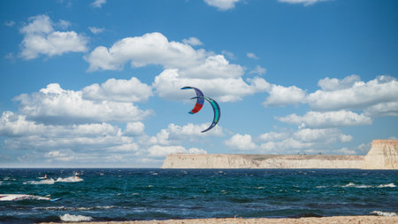 Kitesurfing on the coast of the Black Sea in Crimea