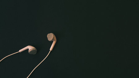 Earphones on a black background. top view Copy space.の写真素材