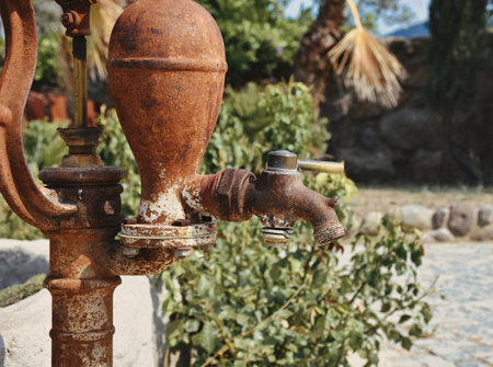 Old rusty water faucet in the garden. Selective focus.