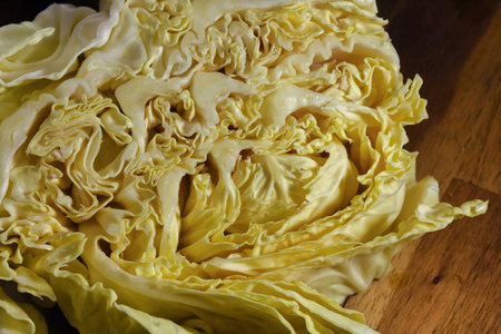 Cabbage on a wooden table, close-up, top view