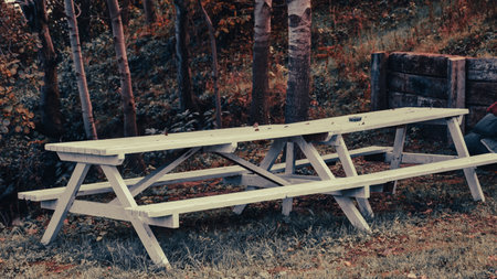Wooden table and benches in the autumn forest. Toned.