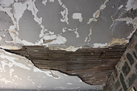 cement ceiling in a building under construction, closeup of photoの写真素材