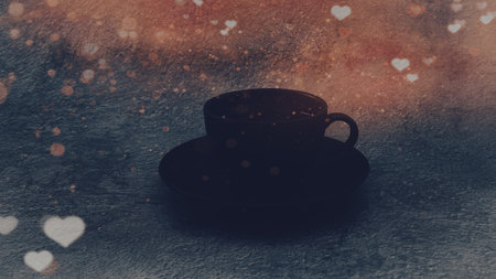A cup of filter coffee or espresso on a wooden table with heart pattern and bokeh light for Valentine's Dayの写真素材