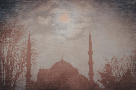 Silhouette of the mosque in Istanbul, Turkey. Photo in old image style. Wallpaper with nostalgic mosque, minarets and trees in Istanbul. ramadan wallpaperの写真素材